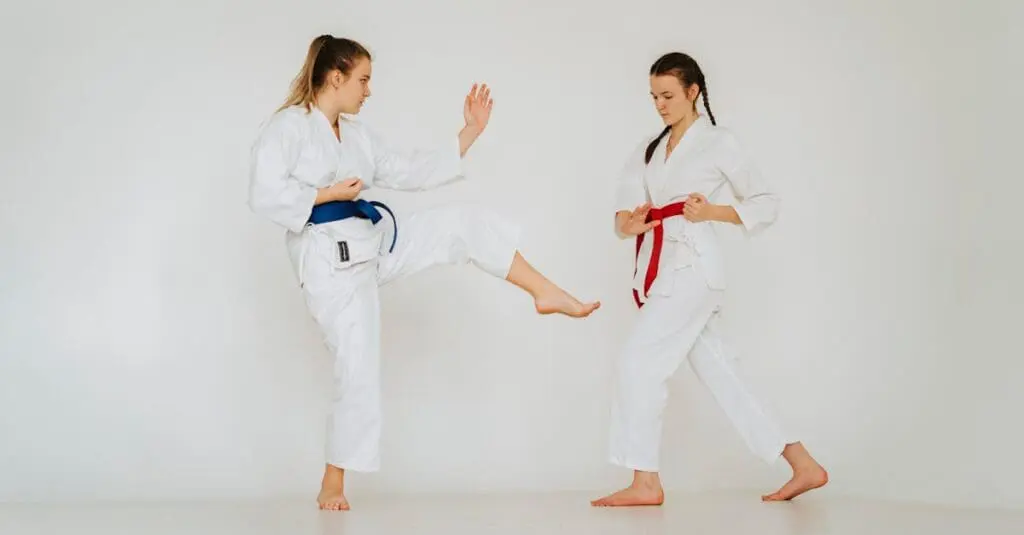 Self defense training for beginners practicing karate kicking drills