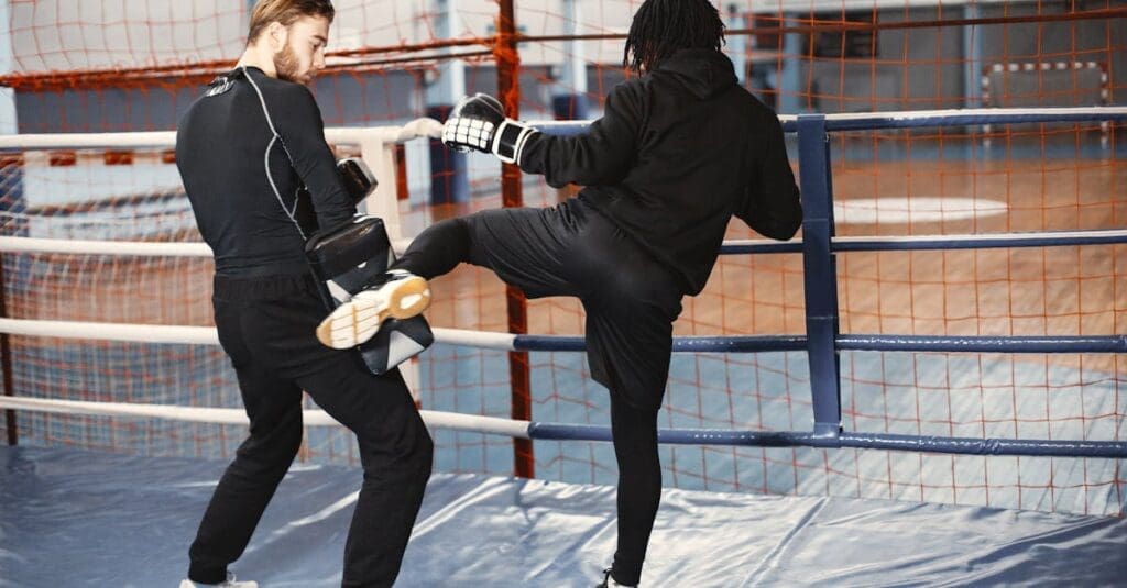 Beginner self defense training practicing striking and kicking combinations